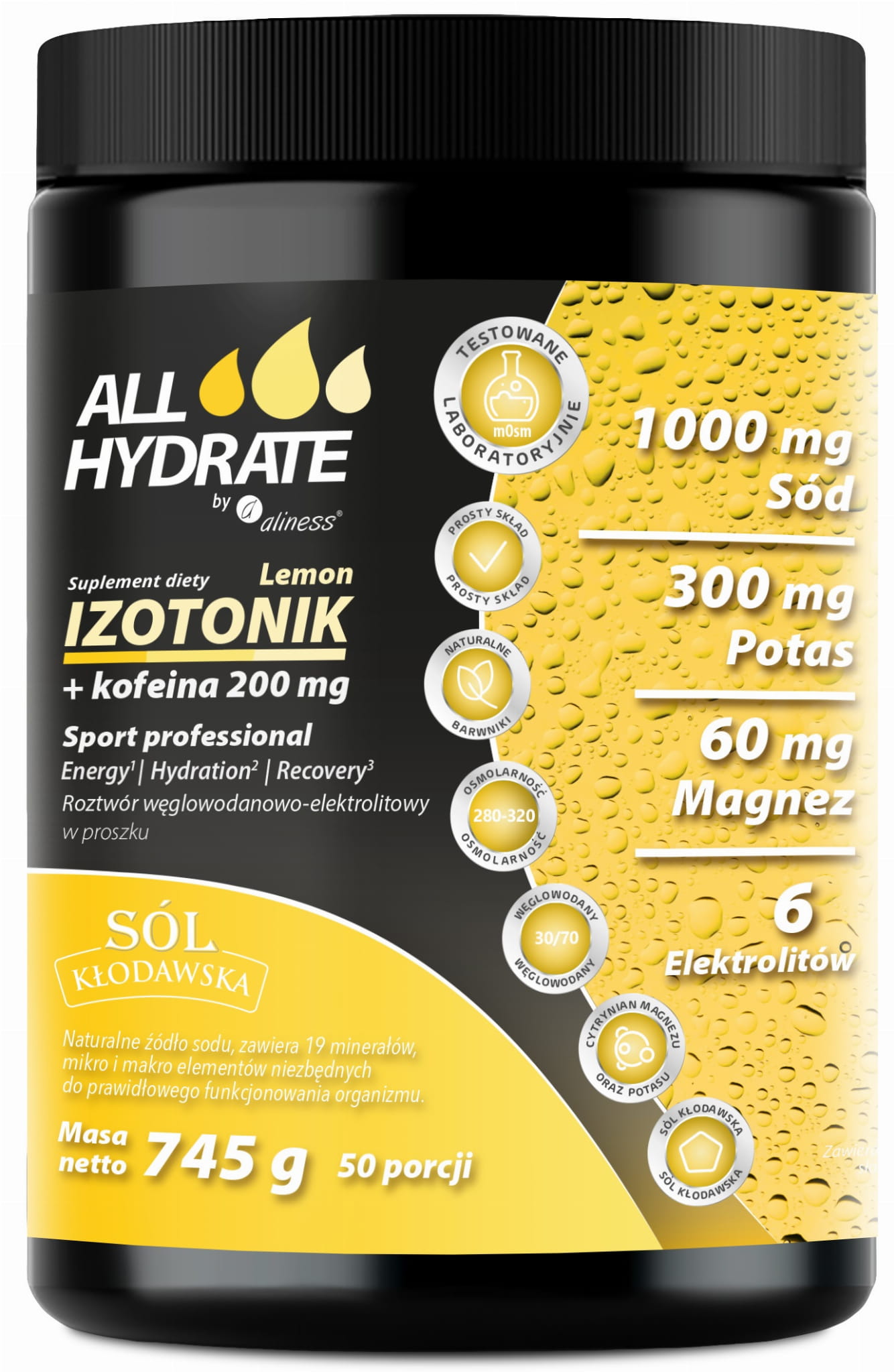 ALLHydrate, Izotonik Sport Lemon+Kofeina 200mg, 745g, 50 porcji